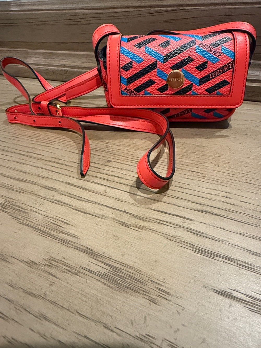 Versace Coral and Blue Graphic Logo Crossbody Bag